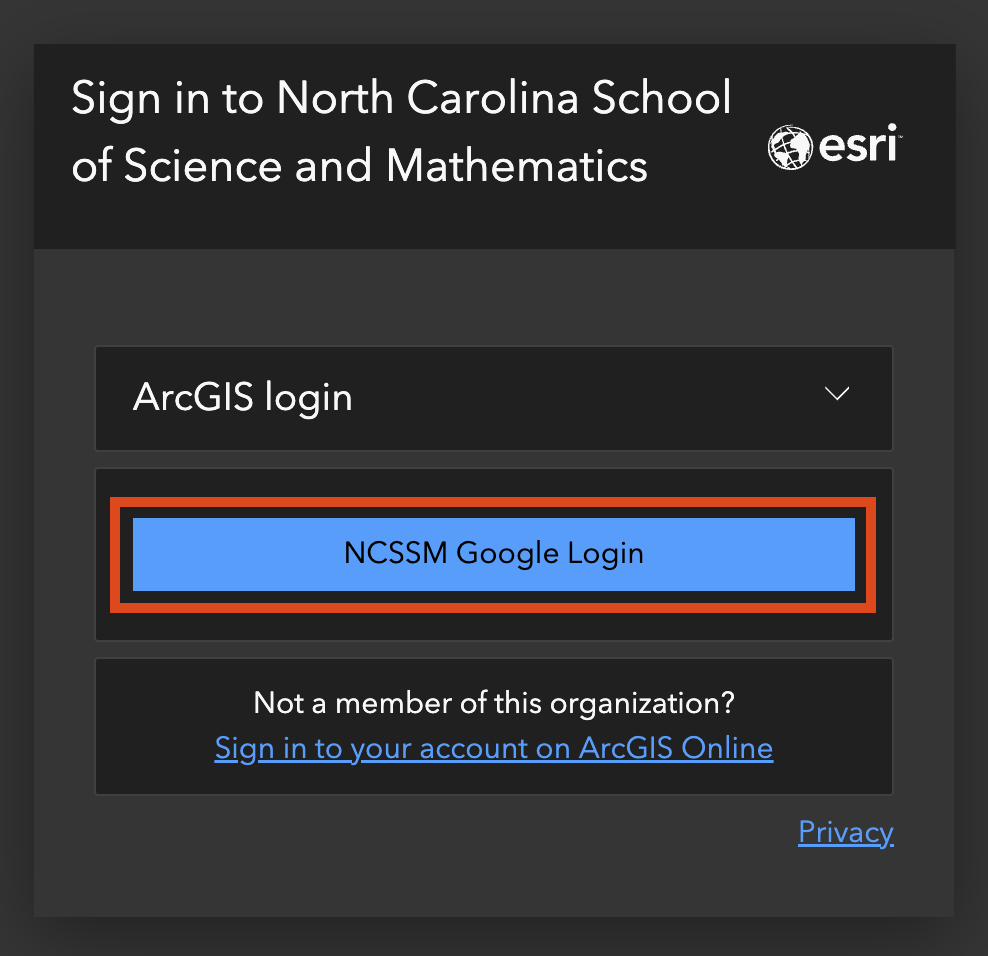 NCSSM Google Login button on the ESRI ArcGIS login screen