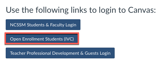 Canvas login with Open Enrollment (IVC) login link selected
