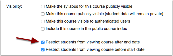 Canvas course settings for student course visibility