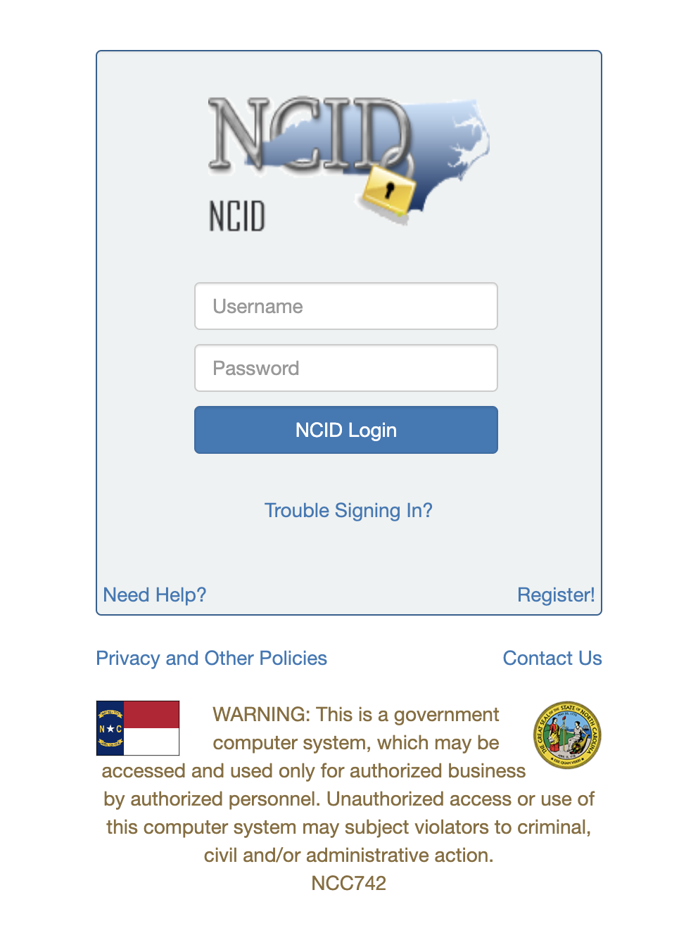 NCID login page with a username and password field and NCID login button