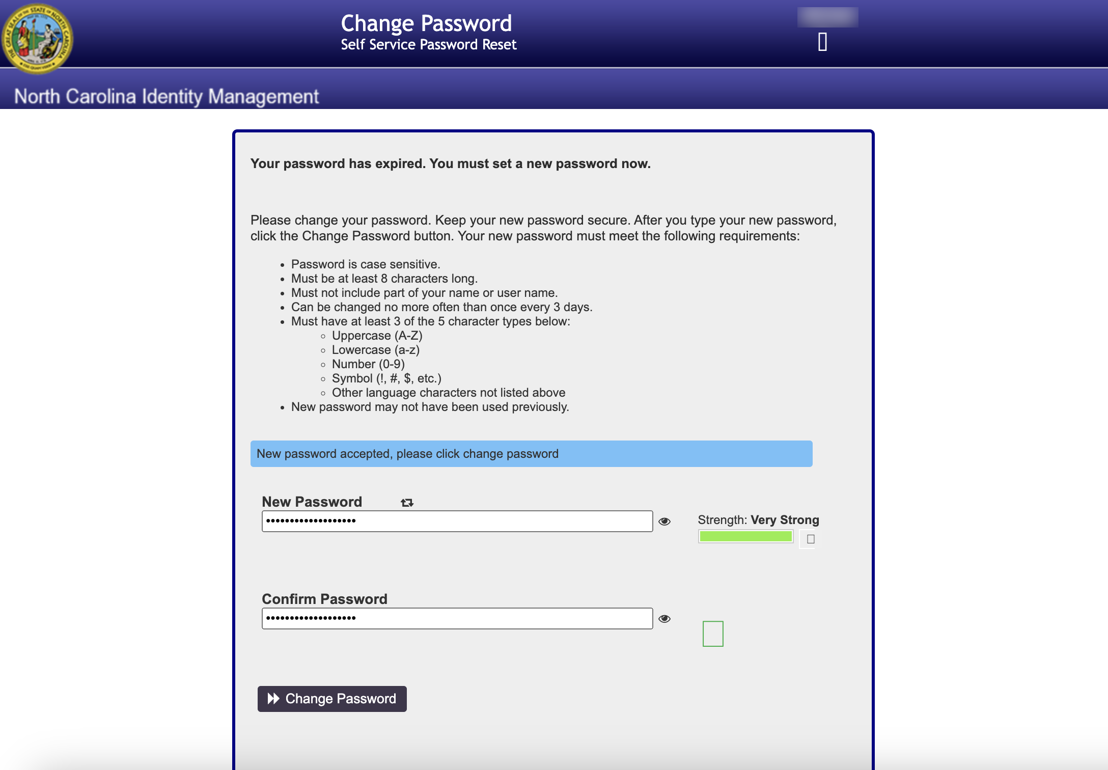 NCID change password screen with new and confirm password fields and a change password button