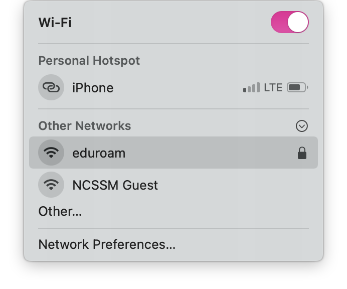 macOS wi-fi menu with eduroam network selected