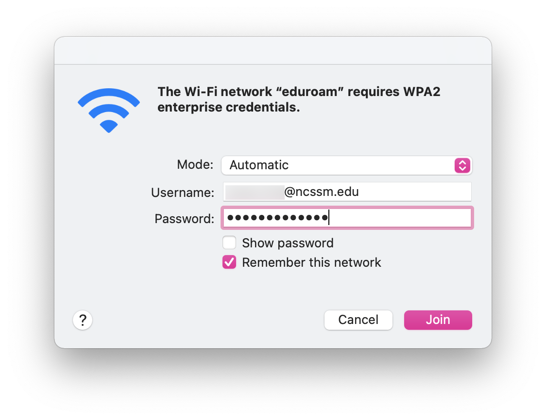 wi-fi authentication screen on macos with username and password fields populated