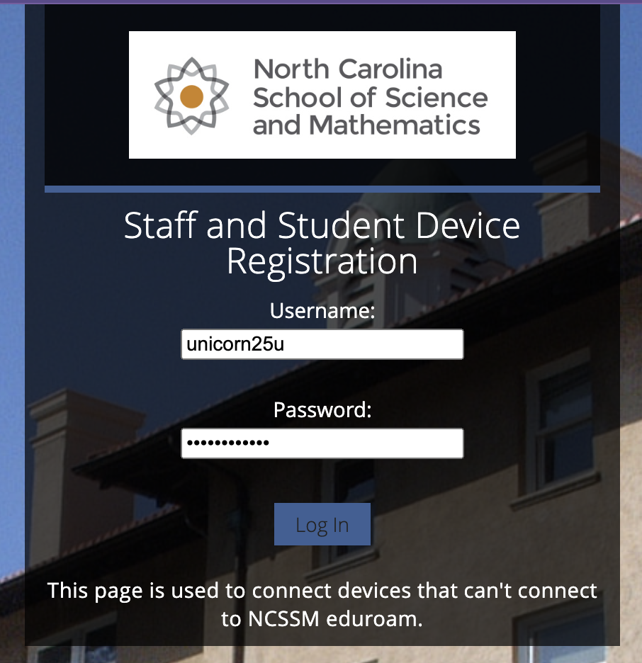 Staff and student device registration page with username and password fields